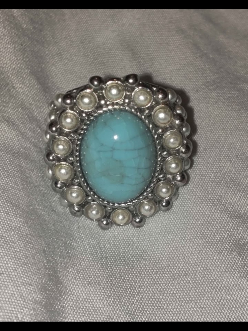 Turquoise Cabochon Pearl Halo Silver Statement Ring - Unknown Brand